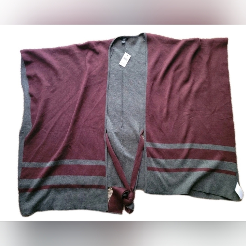 Ann Taylor Factory Women's Burgundy & Gray Belted Shawl Sweater One Size New